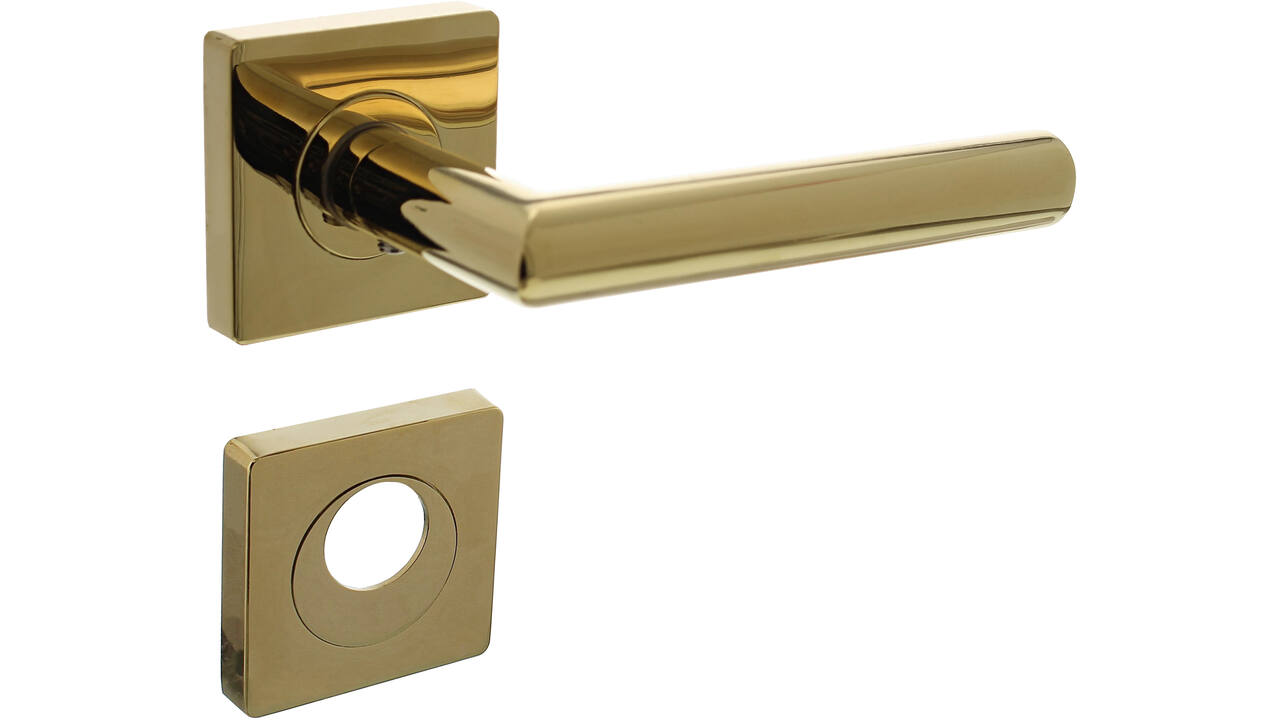 Deurkruk Bastian op rozet verdekt 55x55x10mm met nokken en rondcilinderrozetten PVD messingkleur