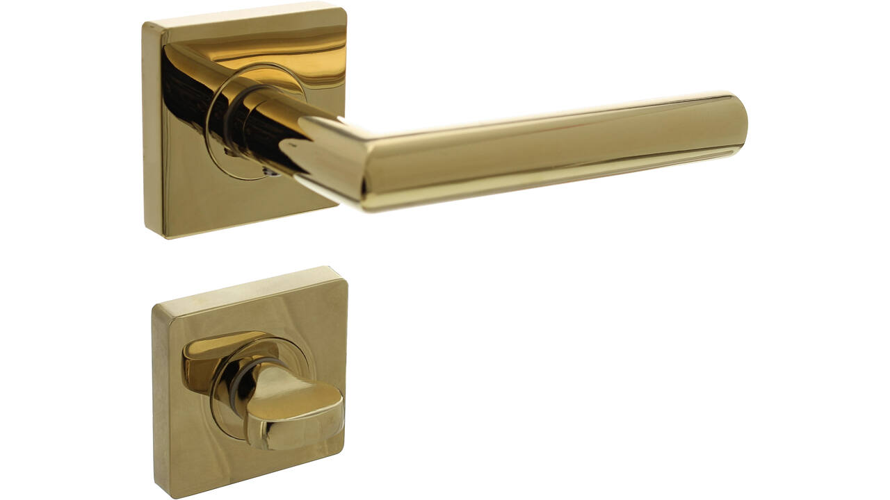 Deurkruk Bastian op rozet verdekt 55x55x10mm met nokken en WC-sluiting met stift 7x7mm PVD messingkleur