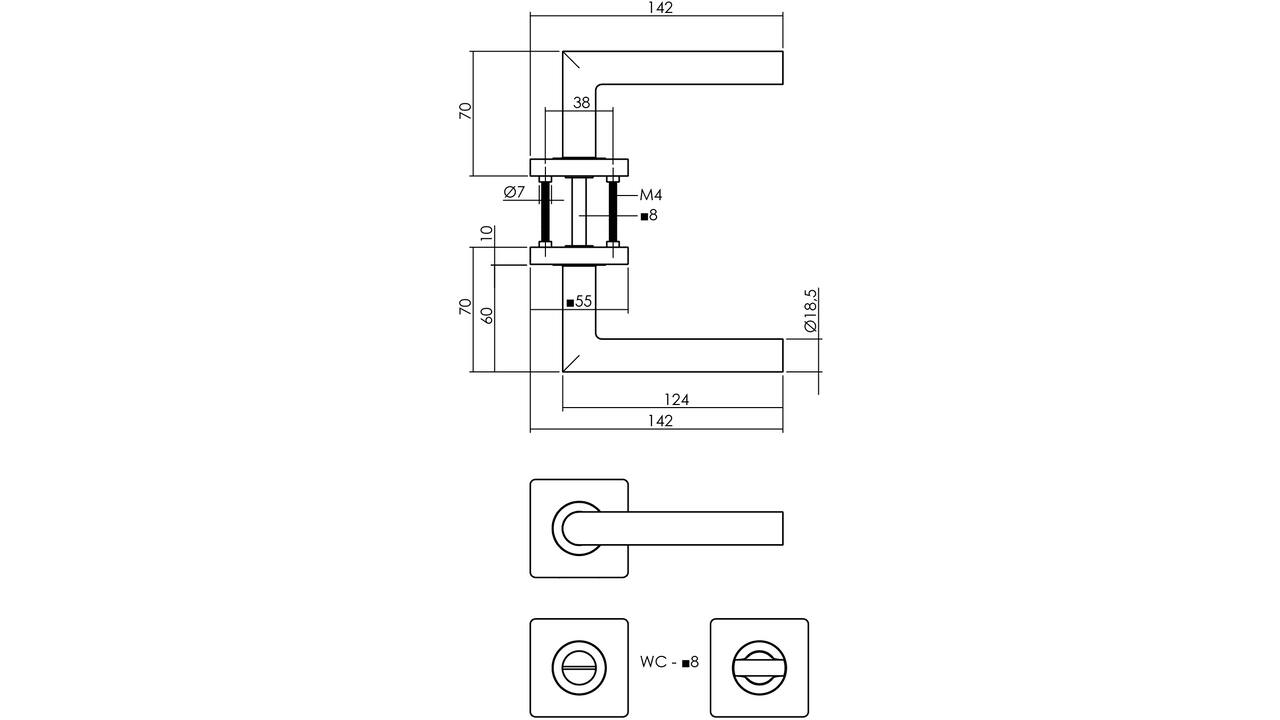 Deurkruk Bastian op rozet verdekt 55x55x10mm met nokken en WC-sluiting met stift 8x8mm PVD messingkleur