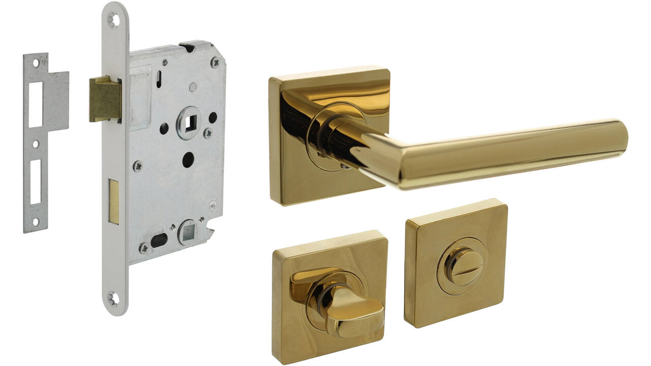 Set toiletslot 63/8mm wit met deurkruk Bastian op rozet 55x55mm en WC-sluiting PVD messingkleur