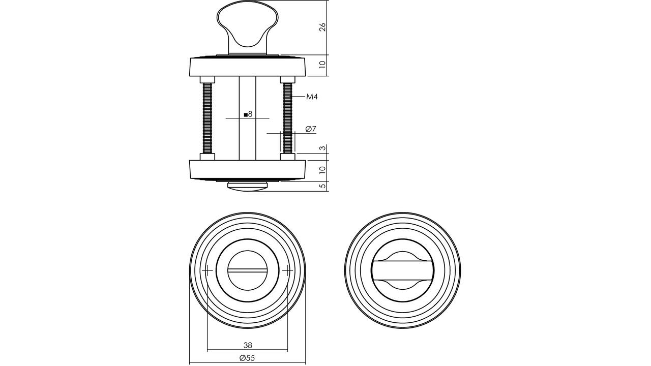 WC-sluiting verdekt met rillen ø55x10mm en nokken met stift 8x8mm PVD messingkleur