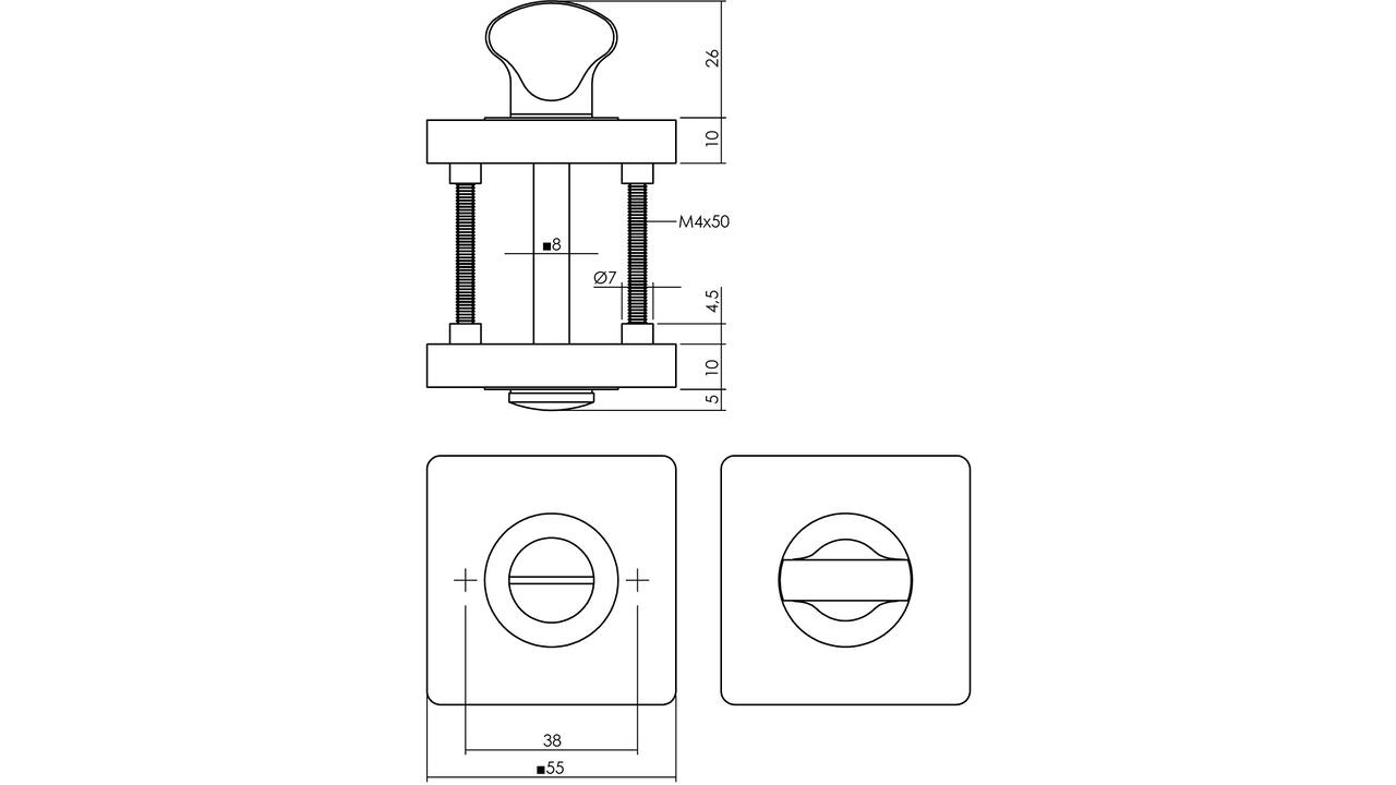 WC-sluiting verdekt 55x55x10mm met nokken en stift 8x8mm PVD messingkleur