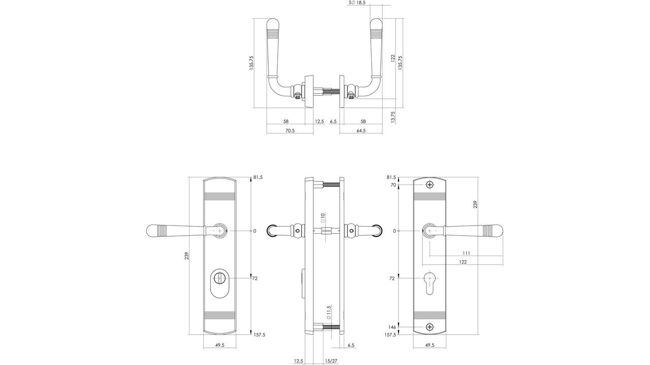 Achterdeurbeslag Helena 239x50mm kruk/kruk profielcilindergat 72mm met kerntrekbeveiliging PVD messingkleur
