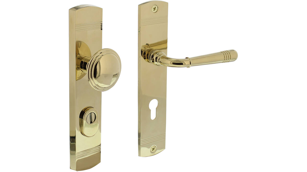 Voordeurbeslag Helena 239x50mm knop/kruk profielcilindergat 72mm met kerntrekbeveiliging PVD messingkleur