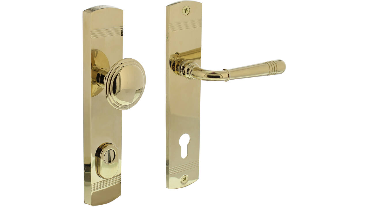 Voordeurbeslag Helena 239x50mm knop/kruk profielcilindergat 92mm met kerntrekbeveiliging PVD messingkleur