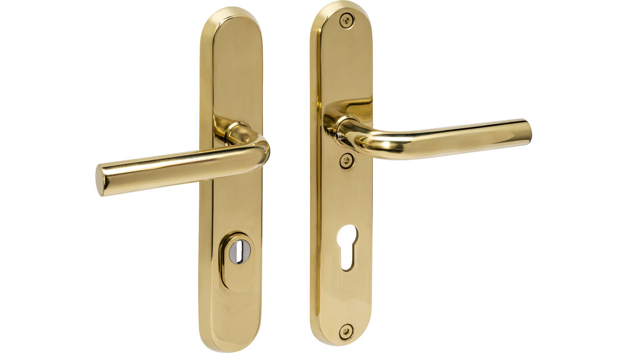 SKG3 veiligheidsbeslag ovaal 250x50mm kruk/kruk Luzern met veerconstructie profielcilindergat 72mm met kerntrekbeveiliging PVD messingkleur