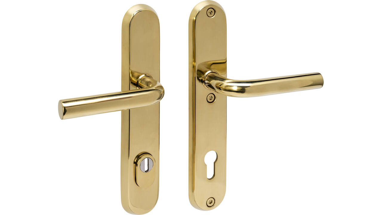 SKG3 veiligheidsbeslag ovaal 250x50mm kruk/kruk Luzern met veerconstructie profielcilindergat 92mm met kerntrekbeveiliging PVD messingkleur