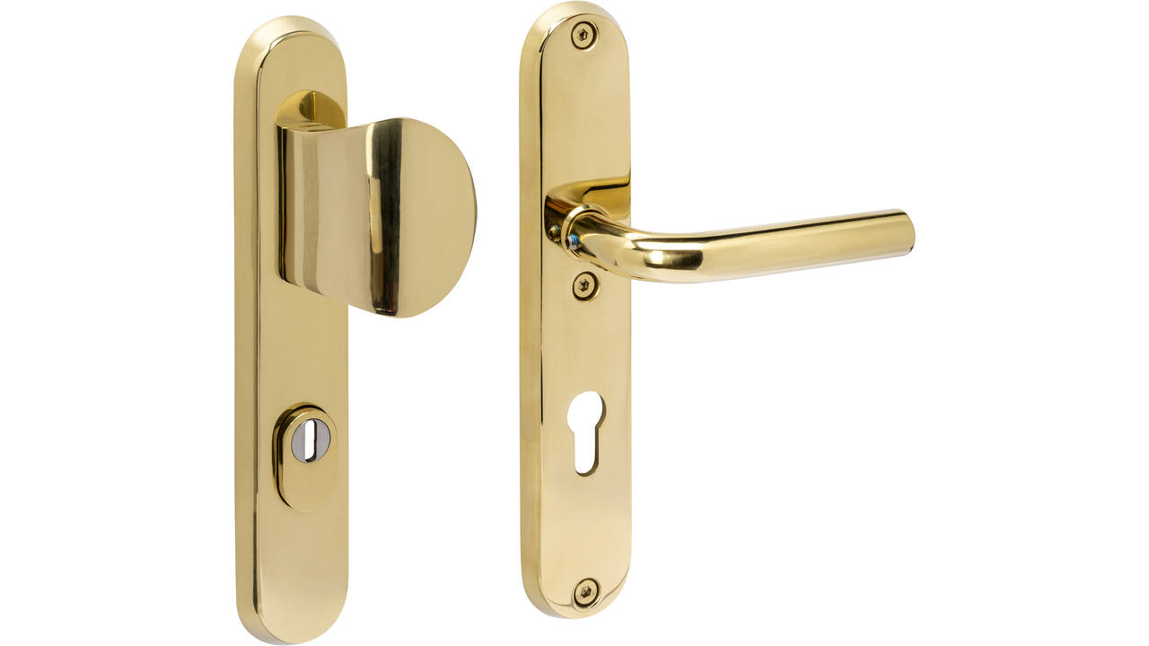 SKG3 veiligheidsbeslag ovaal 250x50mm greep/kruk Luzern met veerconstructie profielcilindergat 72mm met kerntrekbeveiliging PVD messingkleur