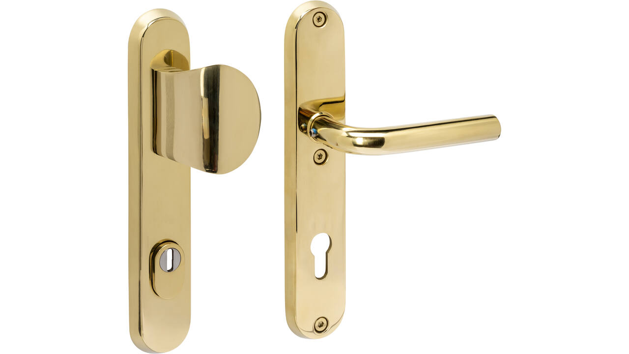SKG3 veiligheidsbeslag ovaal 250x50mm greep/kruk Luzern met veerconstructie profielcilindergat 92mm met kerntrekbeveiliging PVD messingkleur