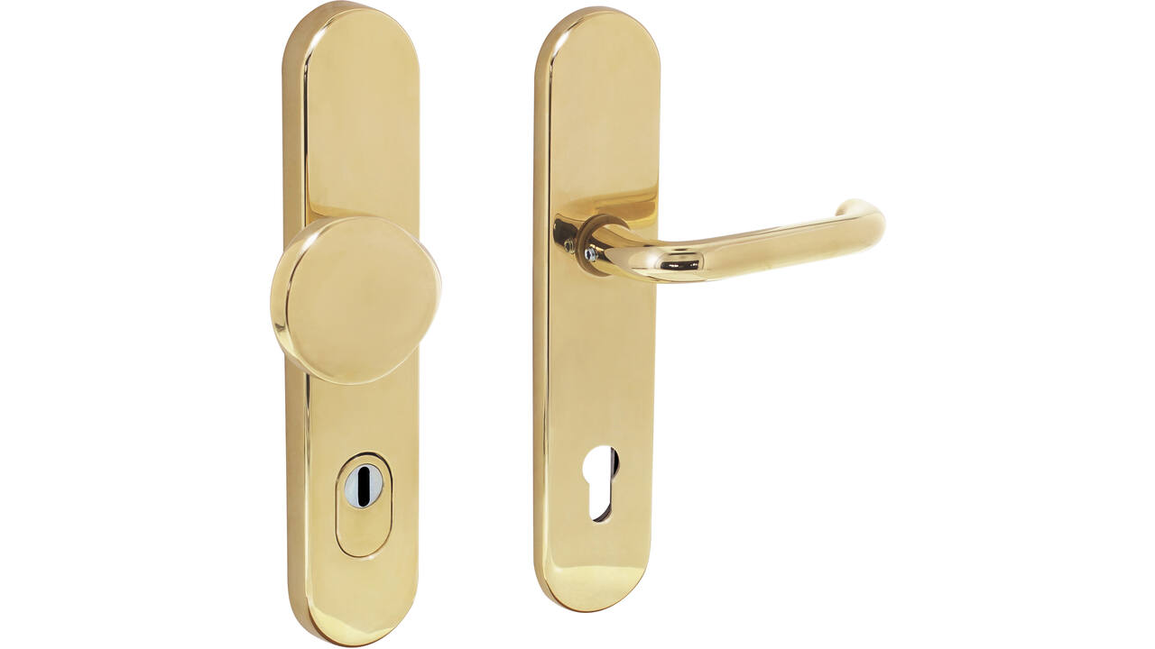 SKG3 veiligheidsbeslag ovaal verdekt 252x54mm greep/kruk Rond profielcilindergat 92mm met kerntrekbeveiliging messing gelakt