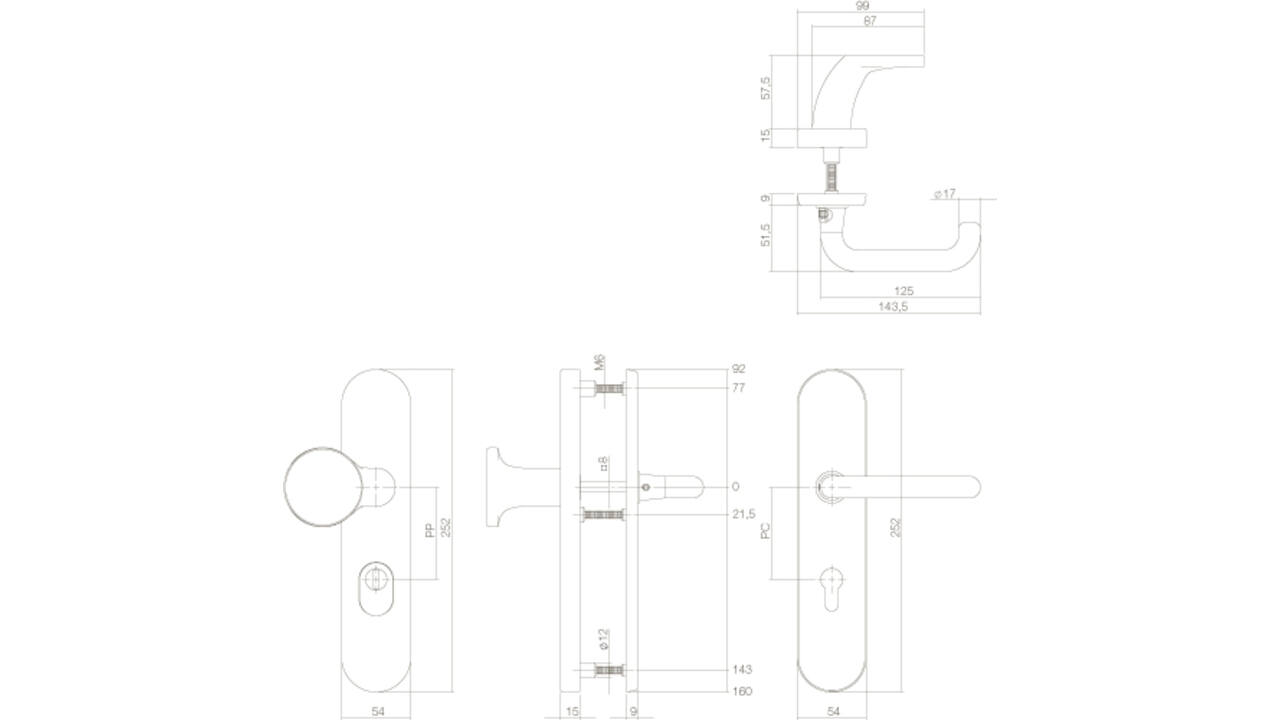 SKG3 veiligheidsbeslag ovaal verdekt 252x54mm greep/kruk Rond profielcilindergat 92mm met kerntrekbeveiliging messing gelakt