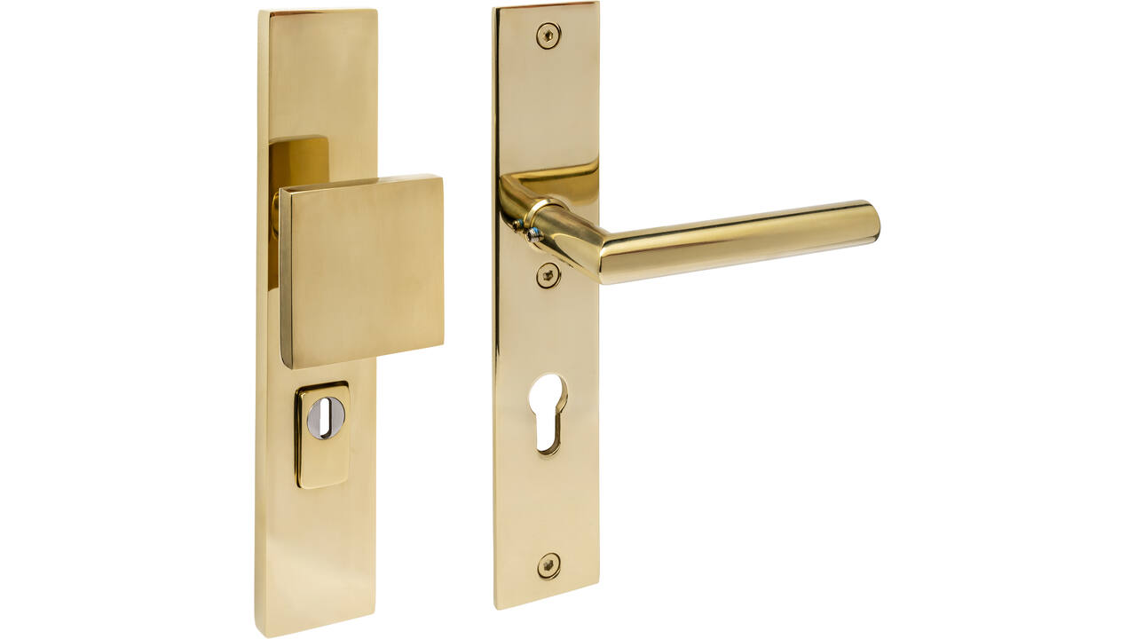 SKG3 veiligheidsbeslag rechthoekig 250x50mm greep/kruk Jura profielcilindergat 72mm met kerntrekbeveiliging PVD messingkleur