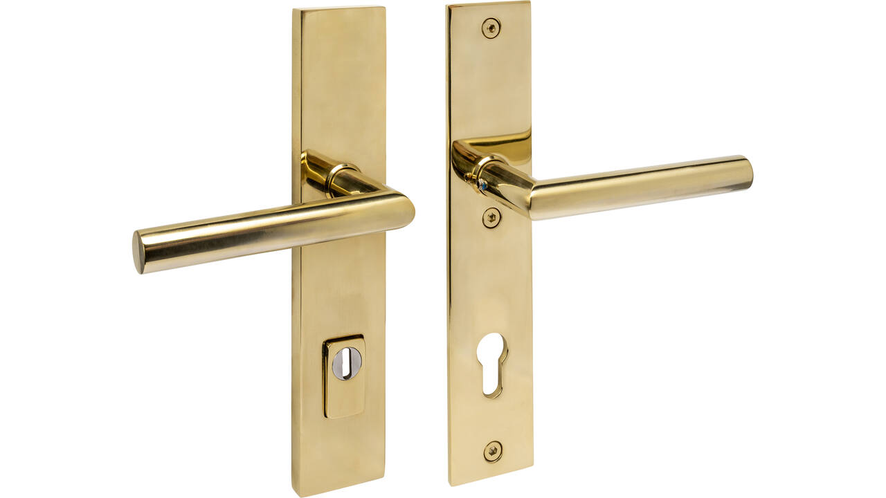 SKG3 veiligheidsbeslag rechthoekig 250x50mm kruk/kruk Jura met veerconstructie profielcilindergat 92mm met kerntrekbeveiliging PVD messingkleur