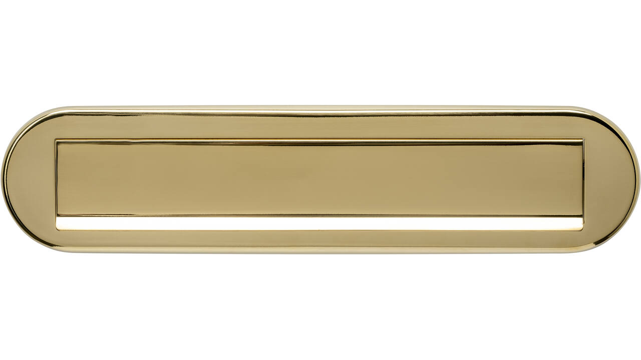 Briefplaat ovaal 340x80mm met klep/regenrand PVD messingkleur