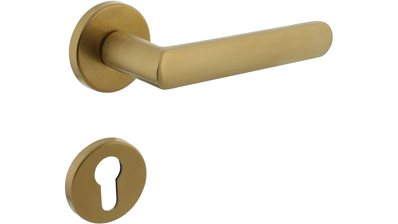 Deurkruk Sora met rozet verdekt ø51x5mm met nokken en cilinderrozetten PVD messing mat