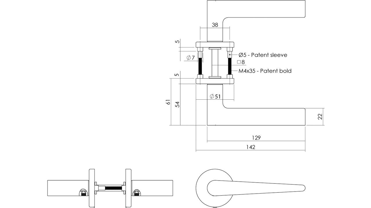 Deurkruk Tiga met rozet verdekt ø51x5mm met nokken PVD messing mat
