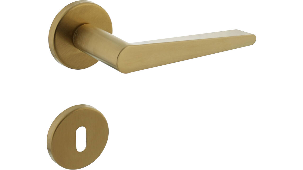 Deurkruk Tiga met rozet verdekt ø51x5mm met nokken en sleutelrozetten PVD messing mat