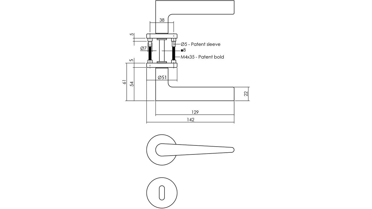 Deurkruk Tiga met rozet verdekt ø51x5mm met nokken en sleutelrozetten PVD messing mat