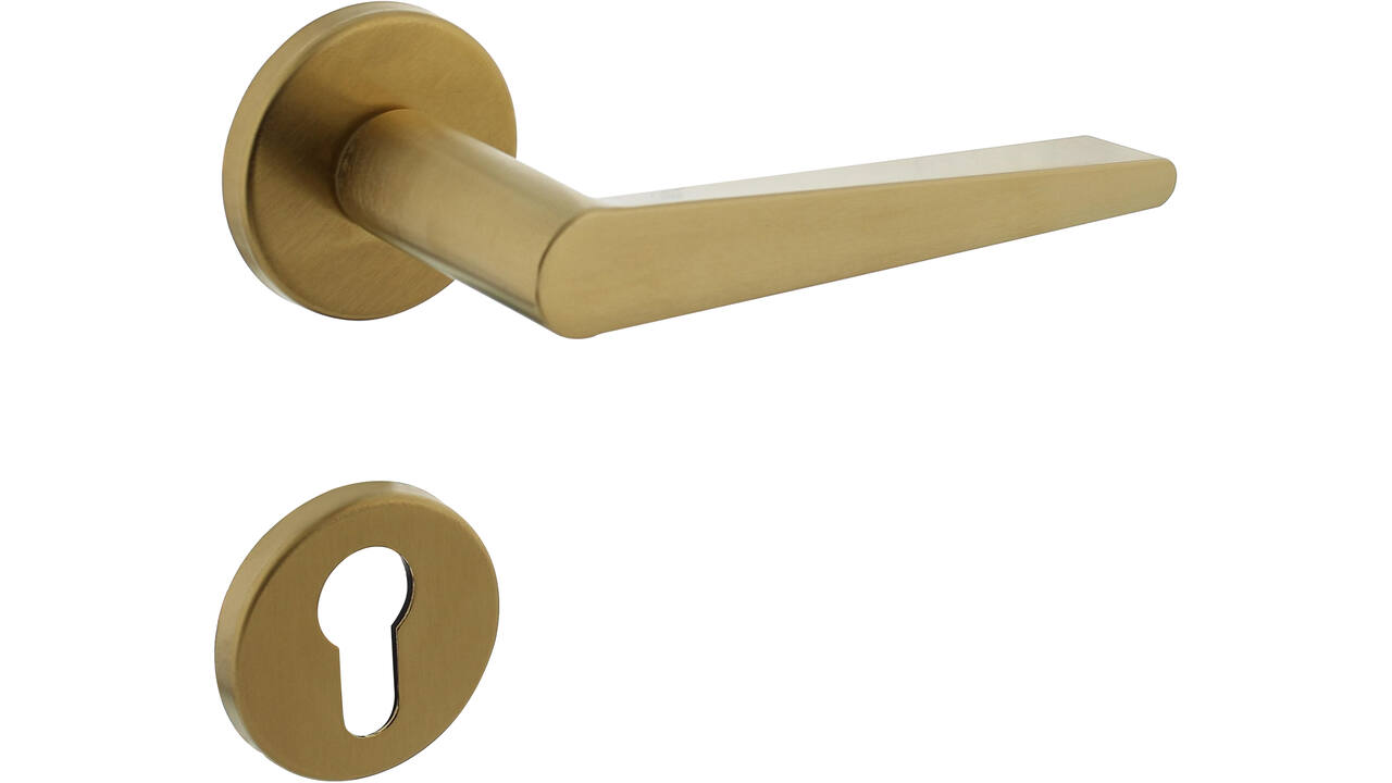 Deurkruk Tiga met rozet verdekt ø51x5mm met nokken en cilinderrozetten PVD messing mat