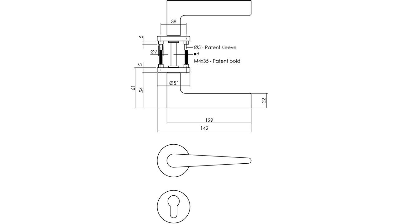 Deurkruk Tiga met rozet verdekt ø51x5mm met nokken en cilinderrozetten PVD messing mat