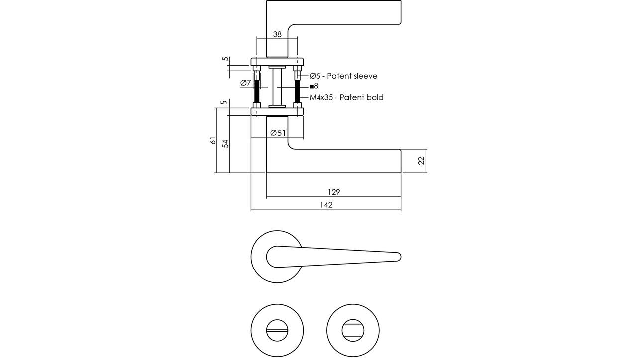 Deurkruk Tiga met rozet verdekt ø51x5mm met nokken en WC-sluiting met stift 8x8mm PVD messing mat
