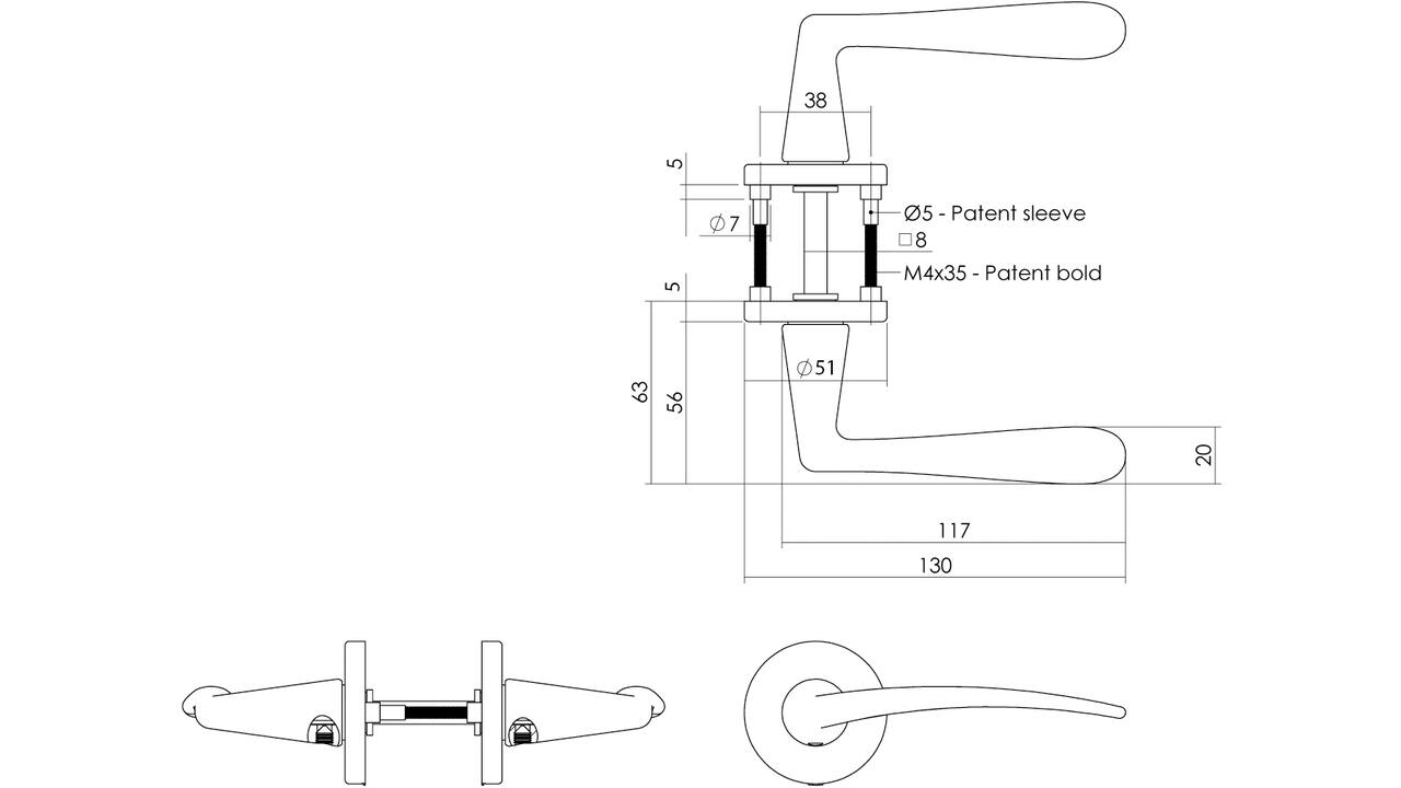 Deurkruk Zaia met rozet verdekt ø51x5mm met nokken PVD messing mat
