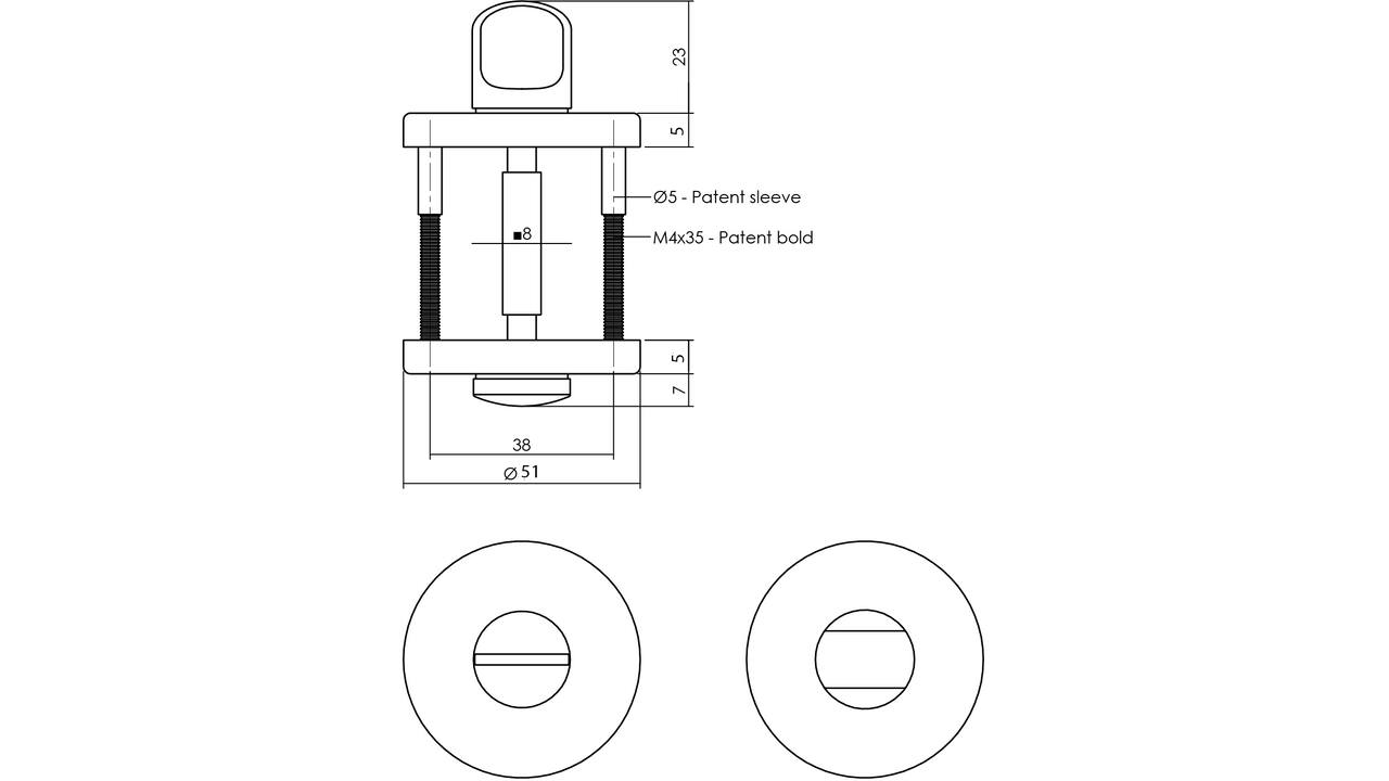 WC-sluiting verdekt ø51x5mm met nokken en stift 8x8mm PVD messing mat