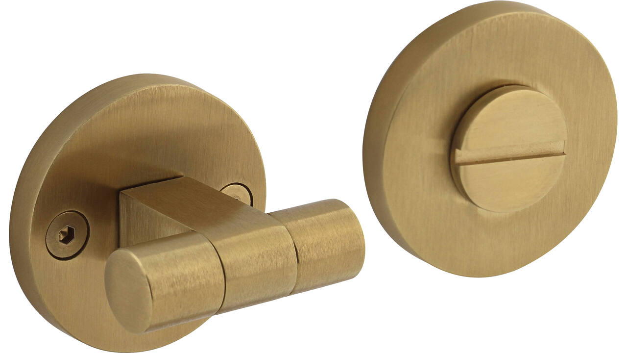 WC-sluiting éénzijdig verdekt ø55x8mm met stift 8x8mm, knop op schroefgat rozet PVD messing mat
