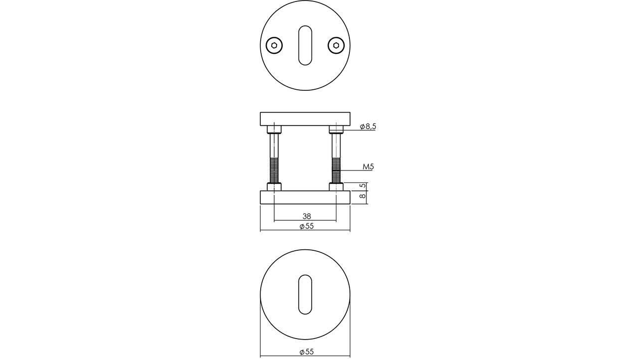 Sleutelrozetten éénzijdig verdekt ø55x8mm met nokken ø8mm PVD messing mat