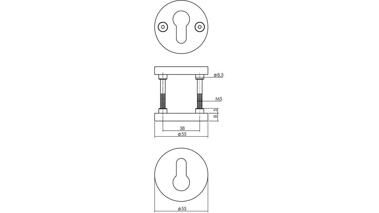 Cilinderrozetten éénzijdig verdekt ø55x8mm met nokken ø8mm PVD messing mat