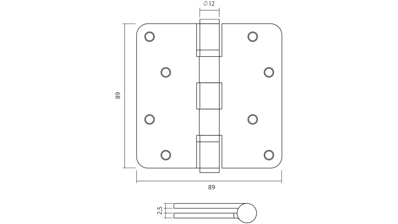 Kogellagerscharnier afgerond 3,5" (89x89x2,5mm) CE inclusief schroeven PVD messing mat