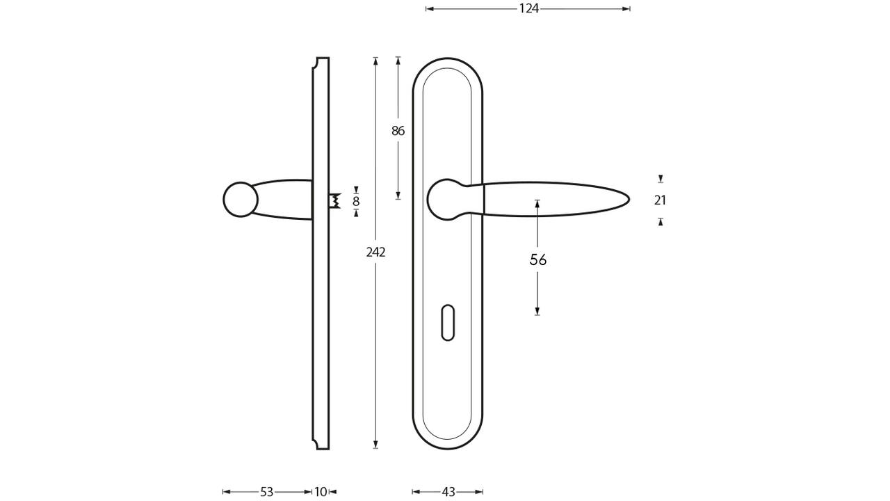 Deurkruk Elen op schild ovaal 242x43mm sleutelgat 56mm chroom/nikkel mat