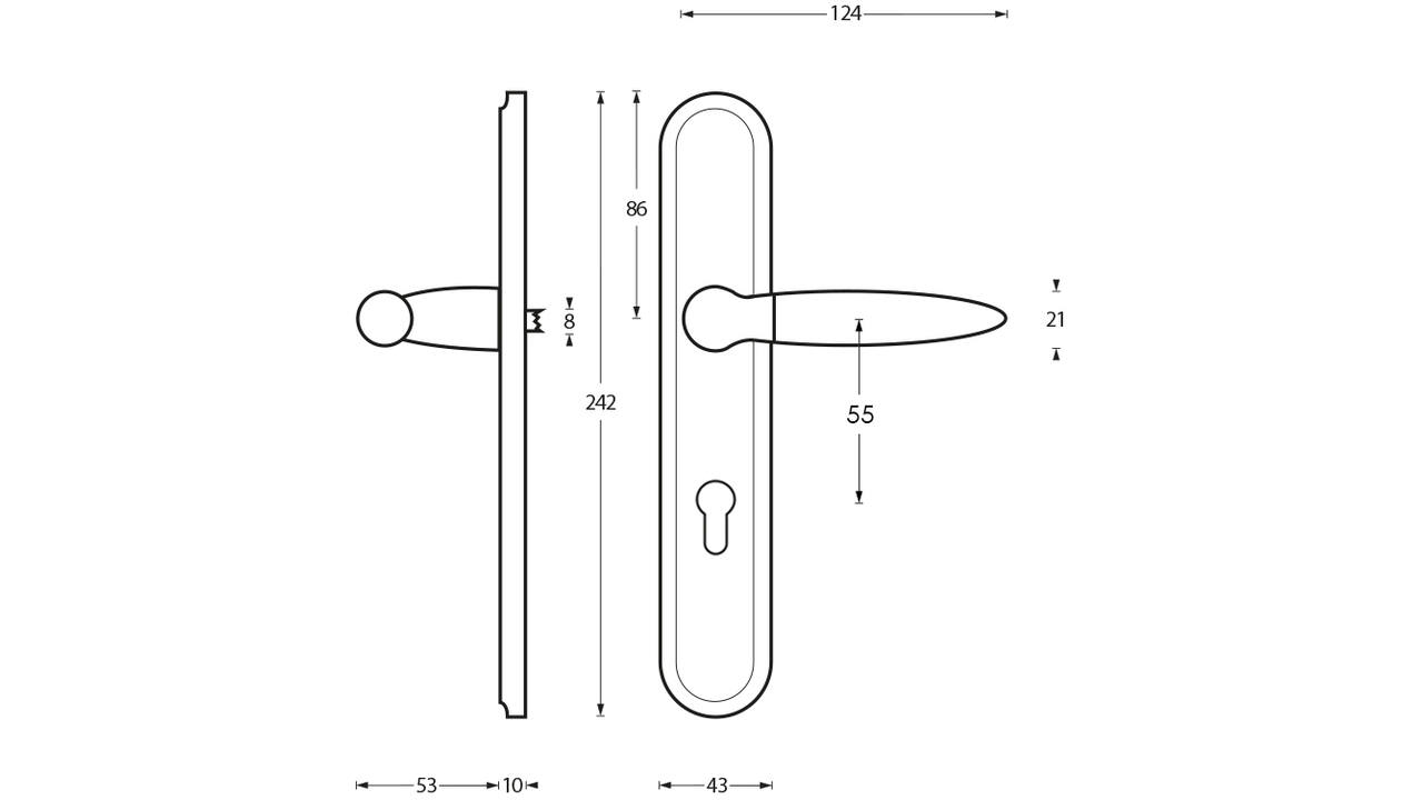 Deurkruk Elen op schild ovaal 242x43mm profielcilindergat 55mm chroom/nikkel mat