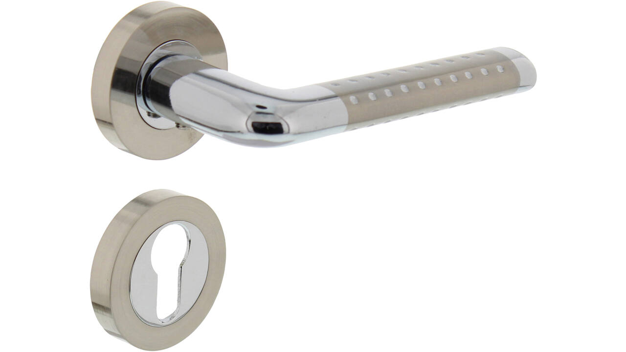 Deurkruk Marion op rozet verdekt ø52x10mm met nokken en cilinderrozetten chroom/nikkel mat
