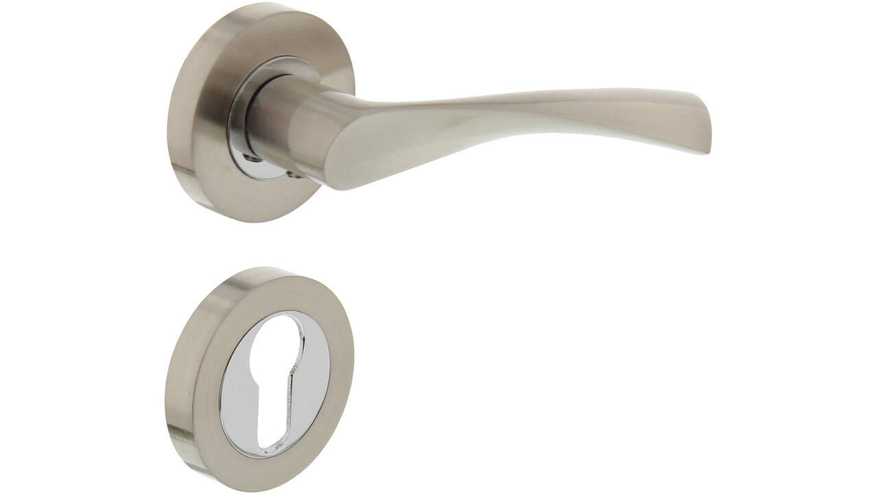 Deurkruk Giussy op rozet verdekt ø52x10mm met nokken en cilinderrozetten nikkel mat