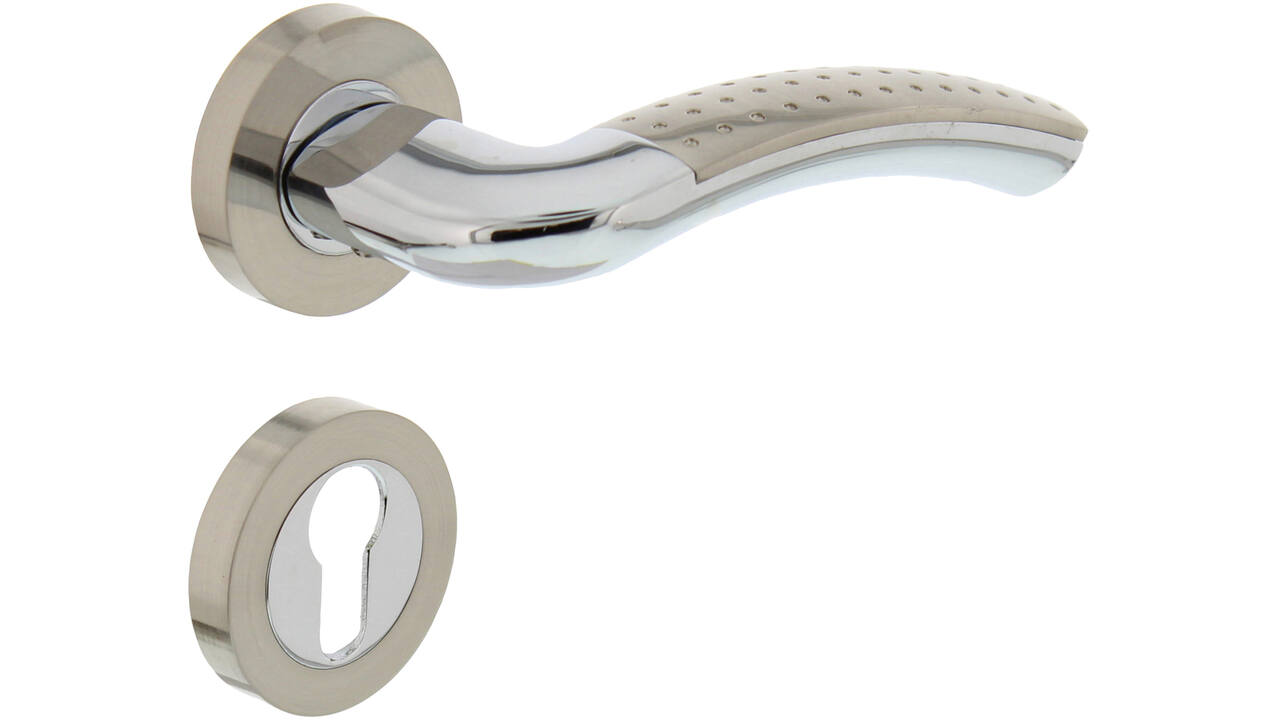 Deurkruk Sharon op rozet verdekt ø52x10mm met nokken en cilinderrozetten chroom/nikkel mat