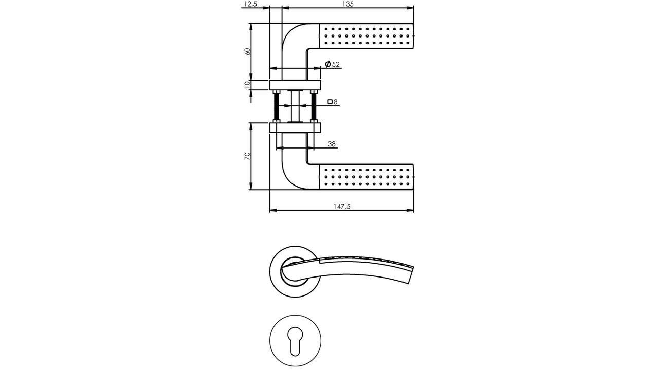 Deurkruk Sharon op rozet verdekt ø52x10mm met nokken en cilinderrozetten chroom/nikkel mat