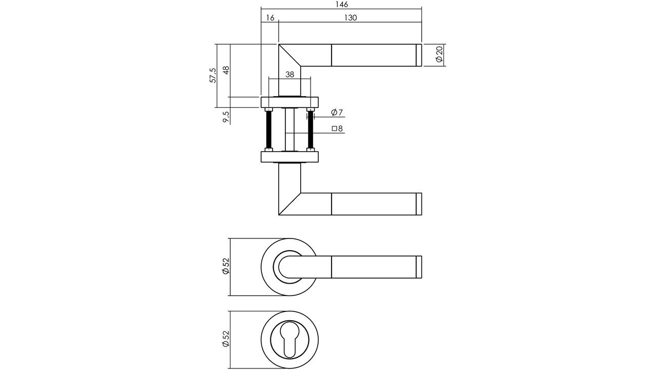Deurkruk Bastian op rozet verdekt ø52x10mm met nokken en cilinderrozetten chroom/nikkel mat