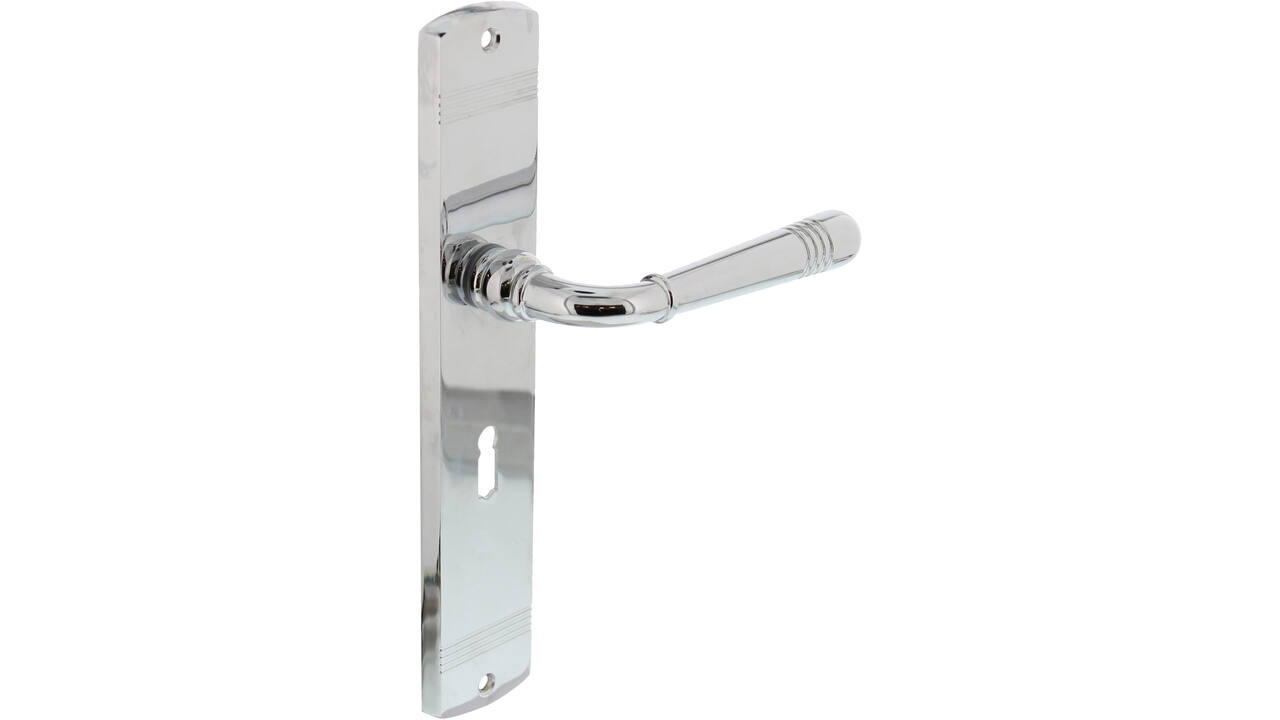 Deurkruk Helena op schild afgerond 235x45mm sleutelgat 56mm chroom