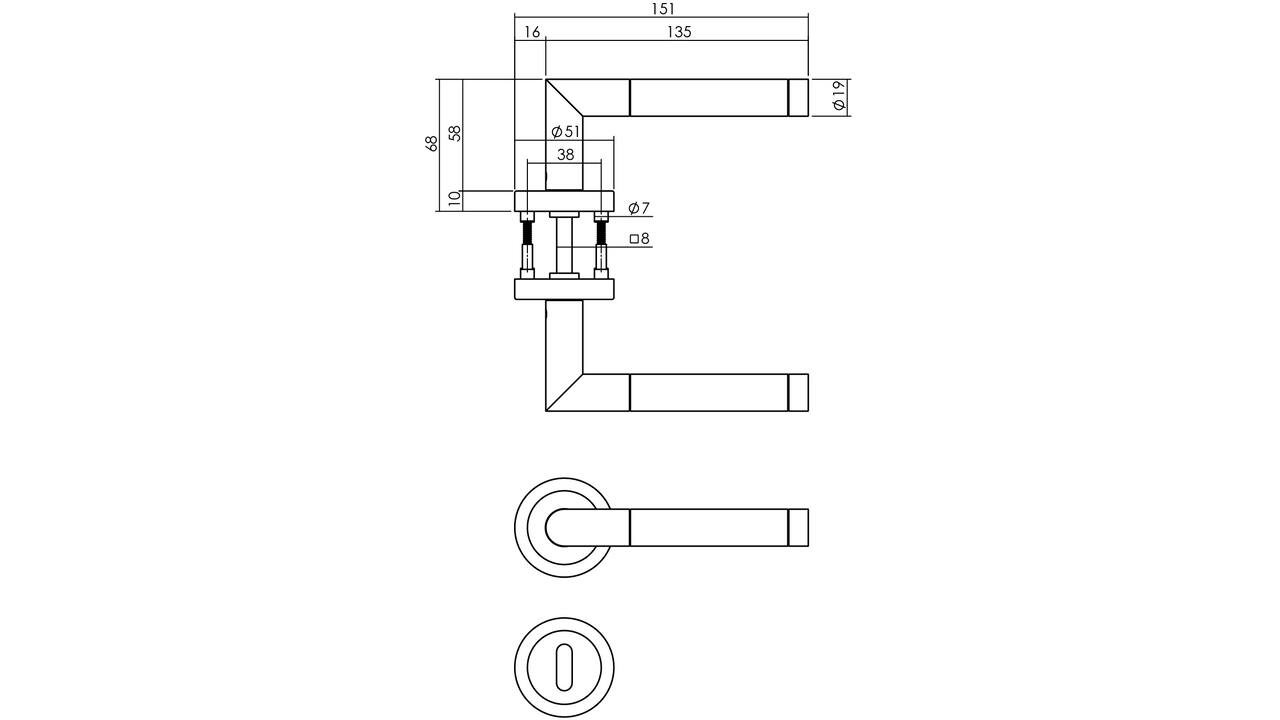 Deurkruk Jura met rozet verdekt ATP ø51x10mm met nokken en sleutelrozetten chroom/nikkel mat