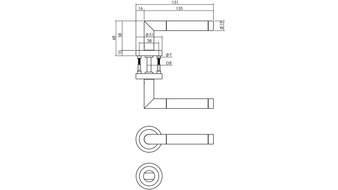 Deurkruk Jura met rozet verdekt ATP ø51x10mm met nokken en WC-sluiting met stift 8x8mm chroom/nikkel mat
