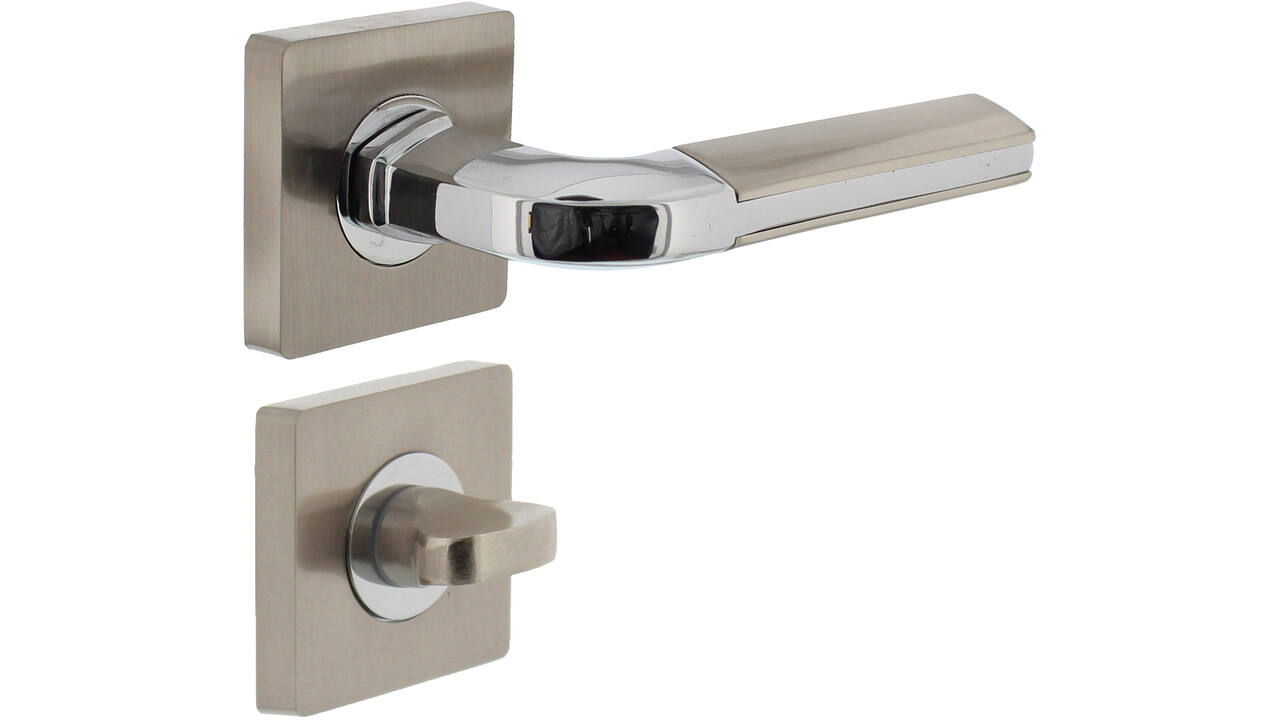 Deurkruk Amber op rozet verdekt 55x55x10mm met nokken en WC-sluiting met stift 6x6mm chroom/nikkel mat