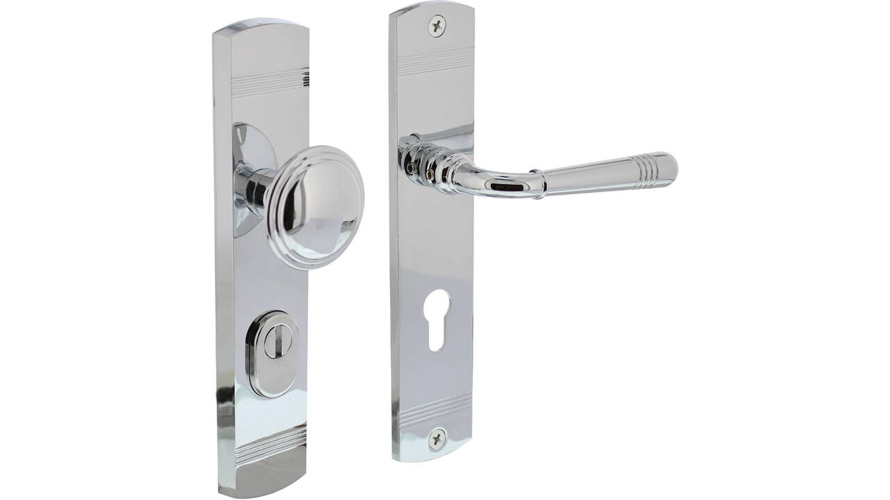 Voordeurbeslag Helena 239x50mm knop/kruk profielcilindergat 72mm met kerntrekbeveiliging chroom