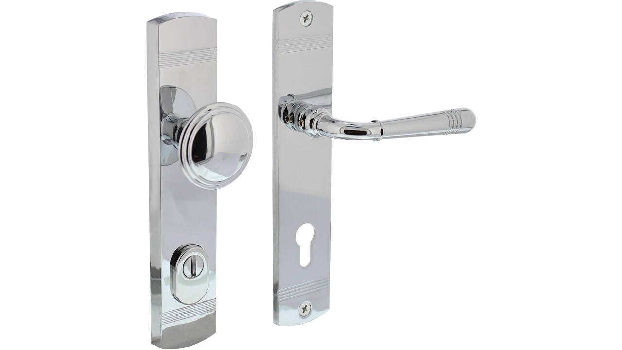 Voordeurbeslag Helena 239x50mm knop/kruk profielcilindergat 92mm met kerntrekbeveiliging chroom