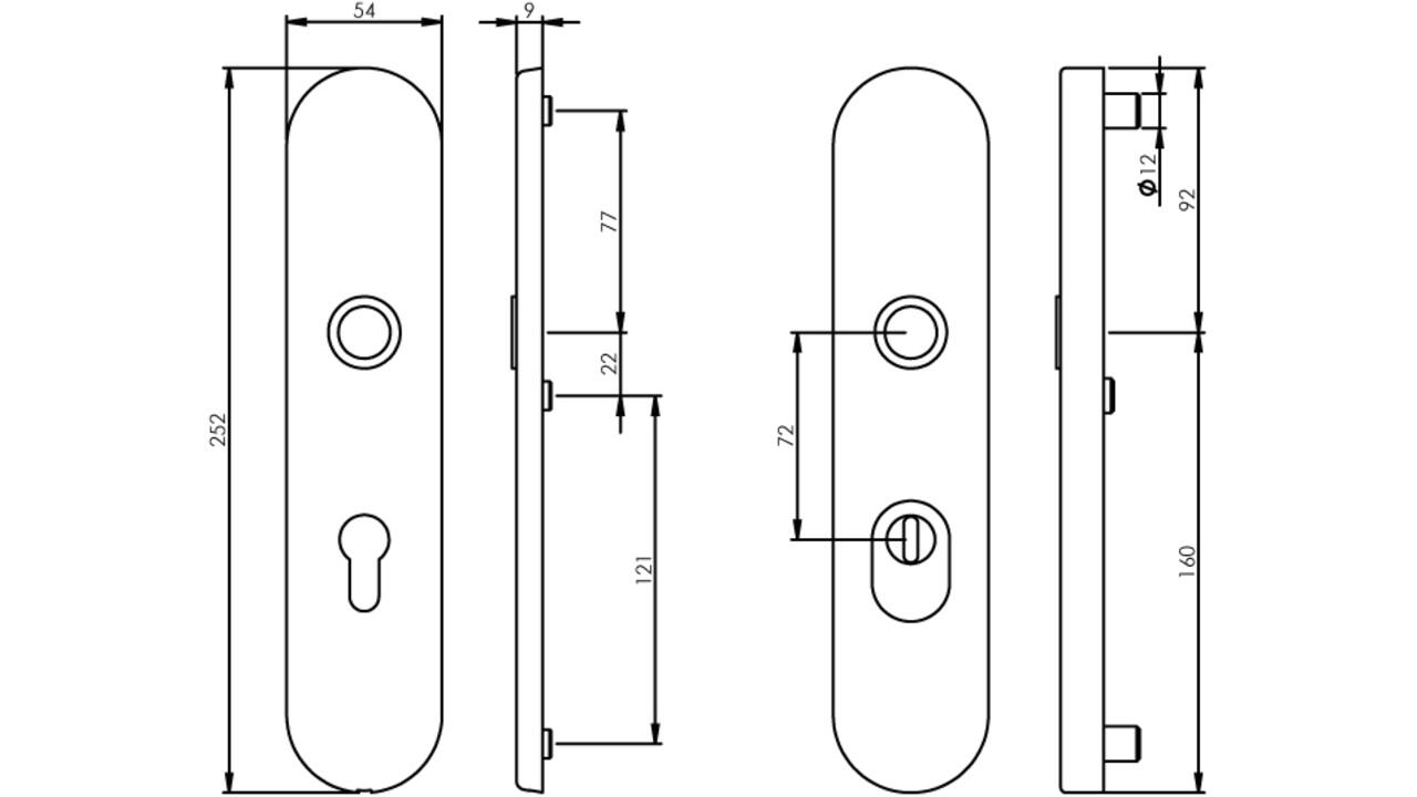 SKG3 veiligheidsschilden ovaal verdekt 252x54mm profielcilindergat 72mm met kerntrekbeveiliging chroom
