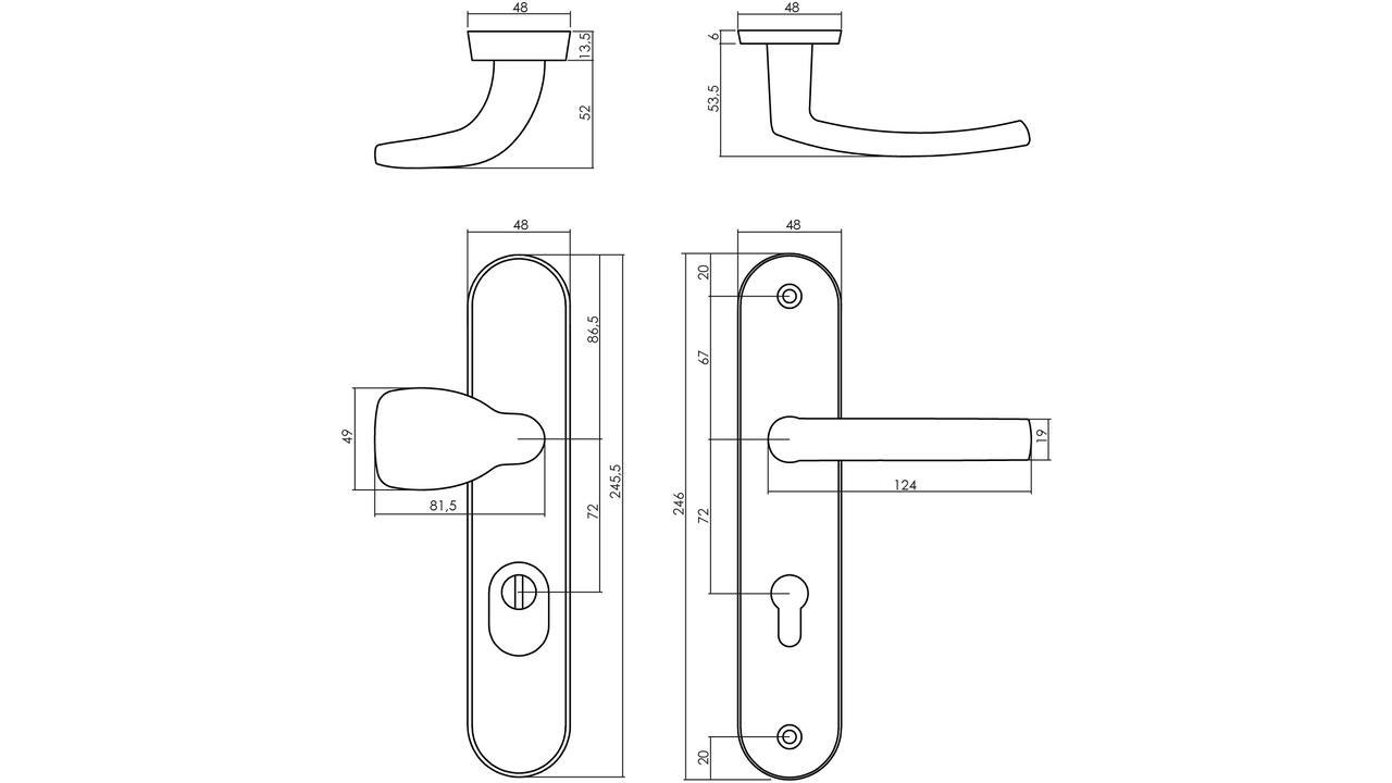 Voordeurbeslag Ovaal 246x48mm greep/kruk profielcilindergat 72mm met kerntrekbeveiliging chroom