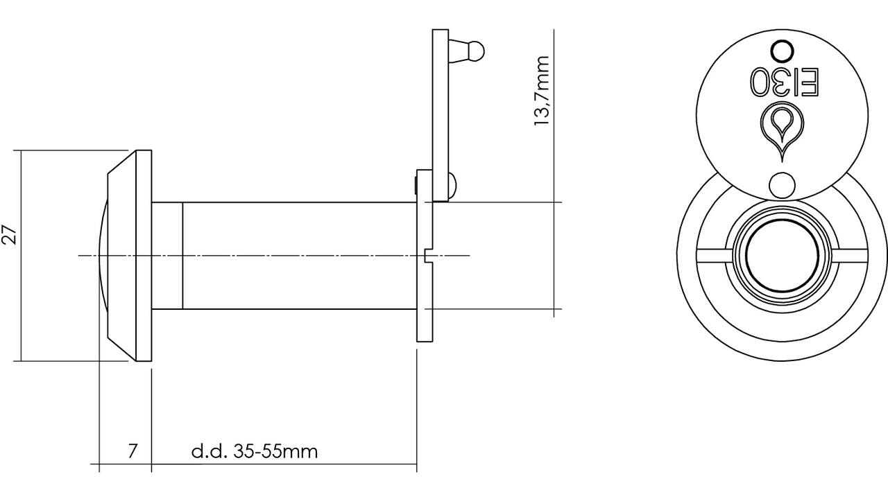Deurspion 200° deurdikte 35-55mm, 30 minuten brandwerend ø14mm chroom