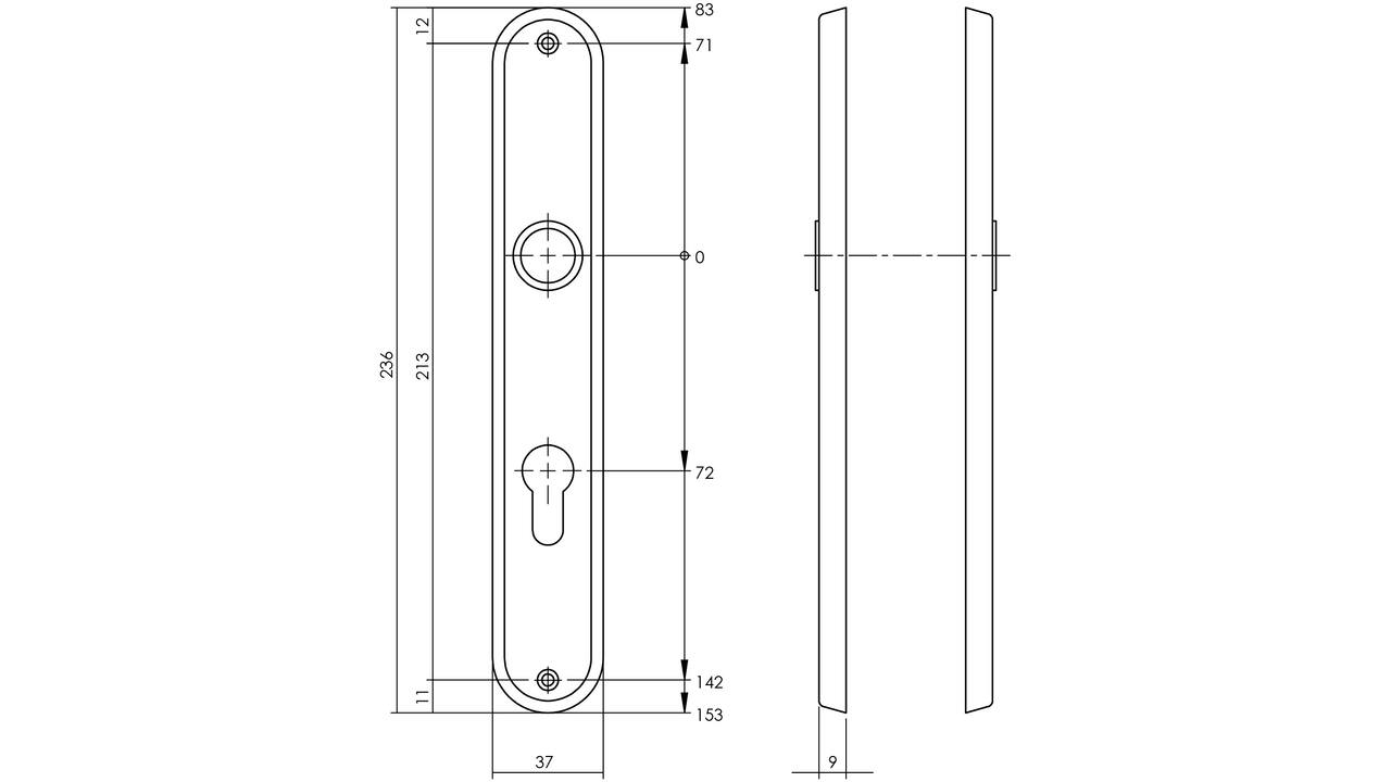 Schilden ovaal 236x37x9mm profielcilindergat 72mm chroom mat