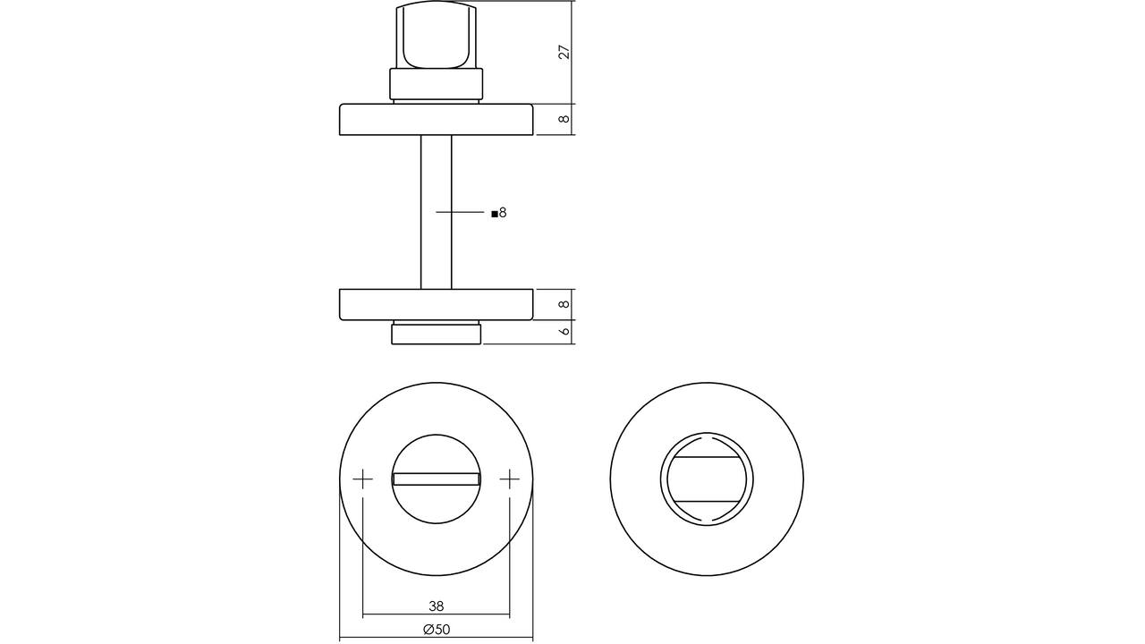WC-sluiting verdekt ø50x8mm met stift 8x8mm chroom mat