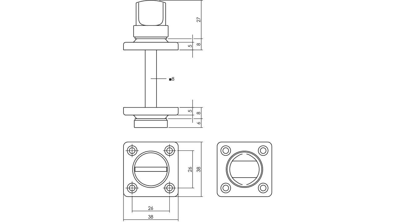 WC-sluiting 38x38x5mm met stift 8x8mm chroom mat